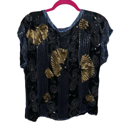 NORMAN BERG beaded sequins evening top shirt vintage retro medium M - Picture 3 of 8